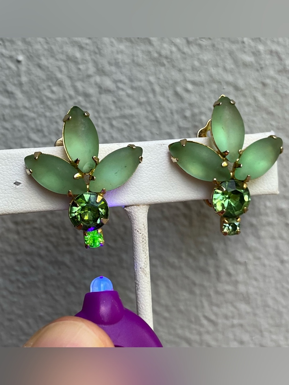 Rhinestone Clip-On Earrings Vintage Green Marquise Shape Gold Tone Prong Glows